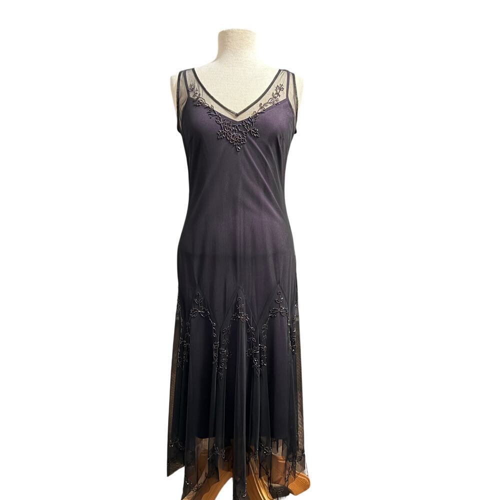 Vintage Xscape Purple and Black Mesh Beaded Handkerchief Midi Dress Size 8